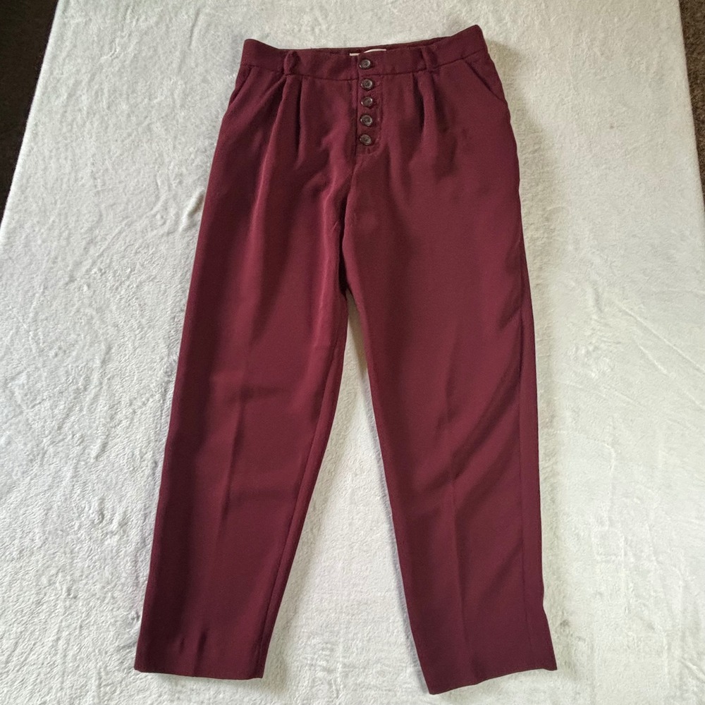 Anthropologie Burgundy‎ High Waisted Button Fly Pleated Tapered Trousers size 6